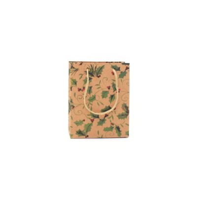 14.5x11.5x6cm. Holly print kraft paper gift bag