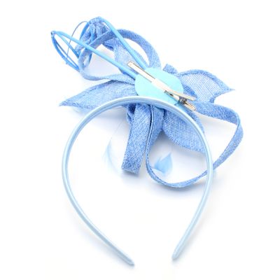 Style Ruby. Pale Blue sinamay flower fascinator with quills