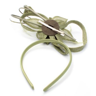 Style Ruby. Sage Green sinamay flower fascinator with quills