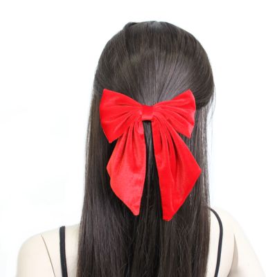 Red velvet fabric bow barrette clip 10cm