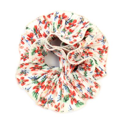 Extra Large - Double layered flower print white ribbed scrunchie.Dia.14cm