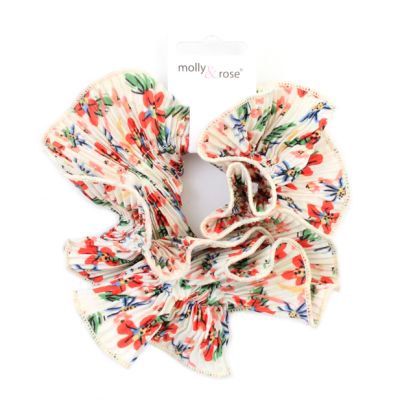 Extra Large - Double layered flower print white ribbed scrunchie.Dia.14cm